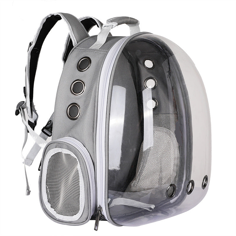 Clear dome pet backpack for cats, providing safety and a panoramic view.