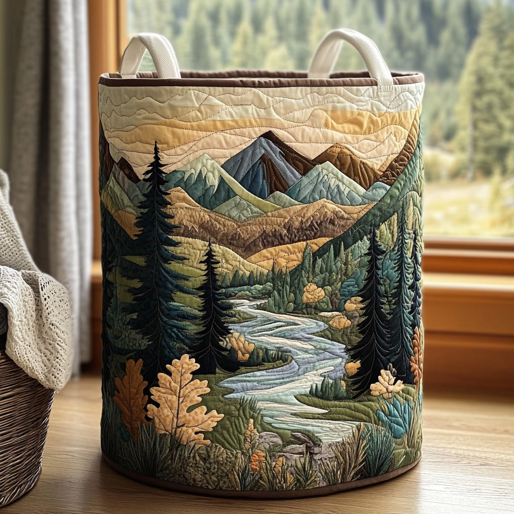 Forest Stream quilted laundry basket for home organization. Stylish, collapsible fabric storage for dirty clothes or toys.