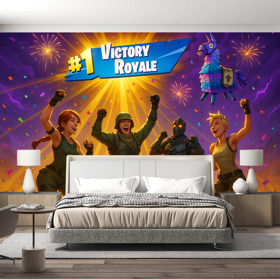 Fortnite Victory Royale gaming room wallpaper mural, purple peel & stick, perfect for a teen's gamer bedroom decor.