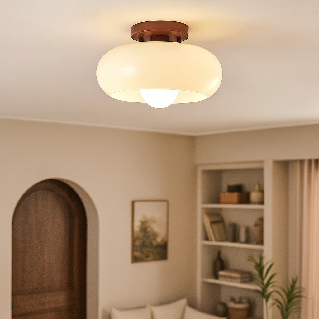 French Bauhaus style ceiling lamp with wood accent and opal glass shade, providing warm ambient light.