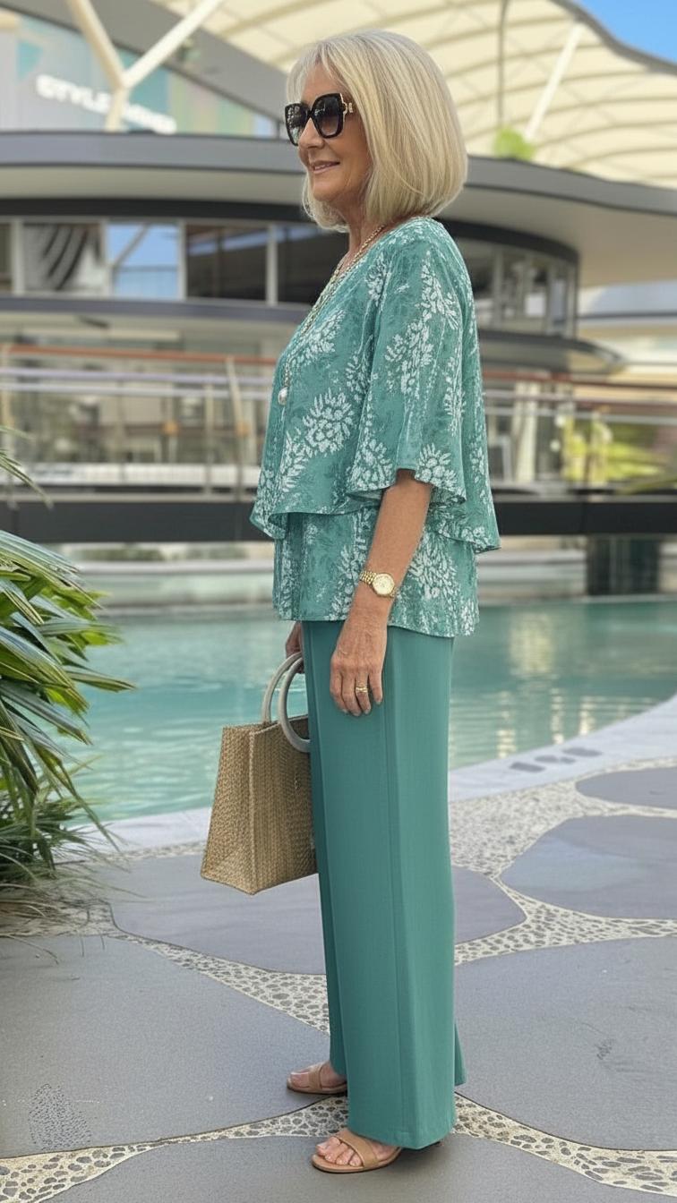 Wide-leg pants from a women's teal floral two-piece outfit, perfect for a comfortable & stylish summer co-ord set.