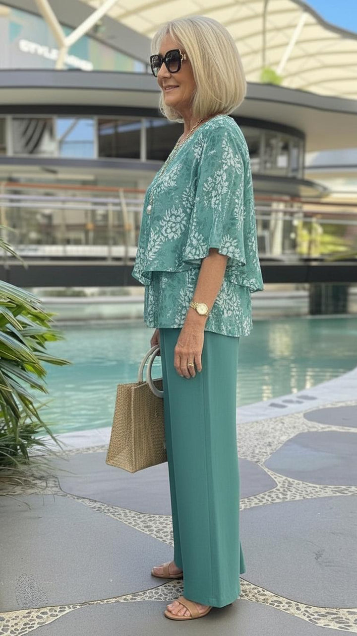 Wide-leg pants from a women's teal floral two-piece outfit, perfect for a comfortable & stylish summer co-ord set.