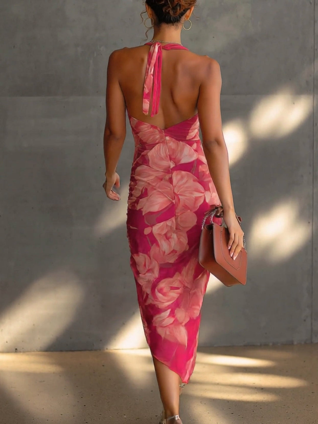 Women's summer floral pleated midi dress, fuchsia cowl neck, perfect for party & wedding guests.