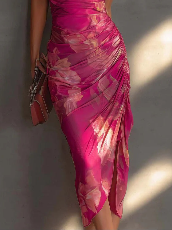 Chic fuchsia floral pleated midi dress for women, with a stylish cowl neck, ideal for summer events.