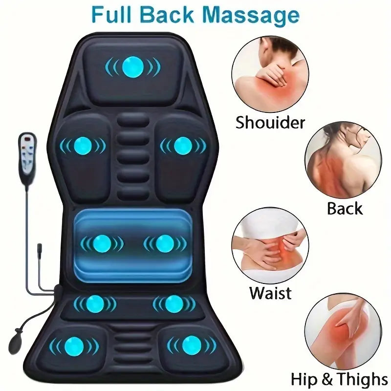 Full back massager with heat for deep relief and customizable comfort, featuring vibrating cushion and lumbar support for pain relief.