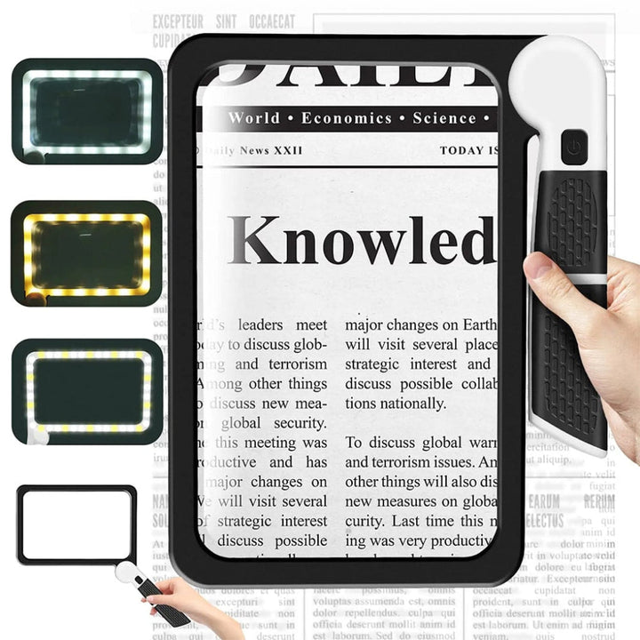 Ergonomic full-page handheld reading aid, magnifies entire pages for comfortable reading & hobby enjoyment.