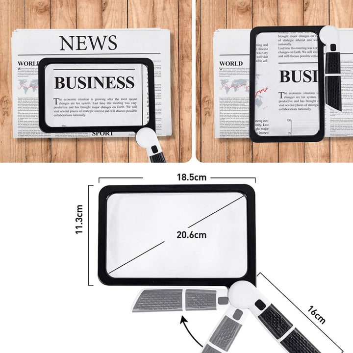 Portable full-page handheld magnifier for improved vision, perfect for reading, crafts, and detailed inspection.