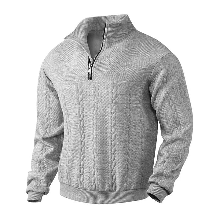Full shot of Men's Cable-Knit Quarter-Zip Pullover Sweater in classic navy for smart casual style.