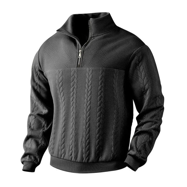 Man smiling, wearing blue Men's Cable-Knit Quarter-Zip Pullover Sweater, comfortable and stylish.