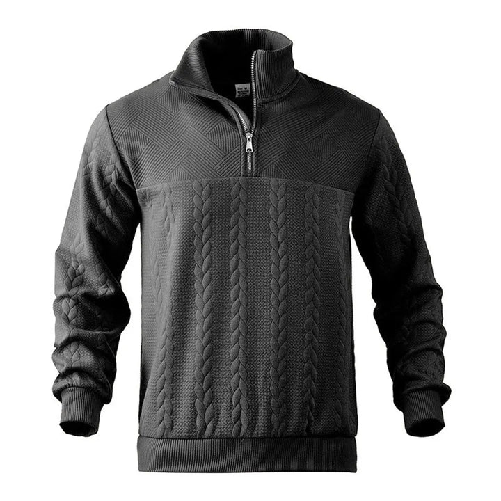 Back view of Men's Cable-Knit Quarter-Zip Pullover Sweater, showcasing its timeless design & quality.