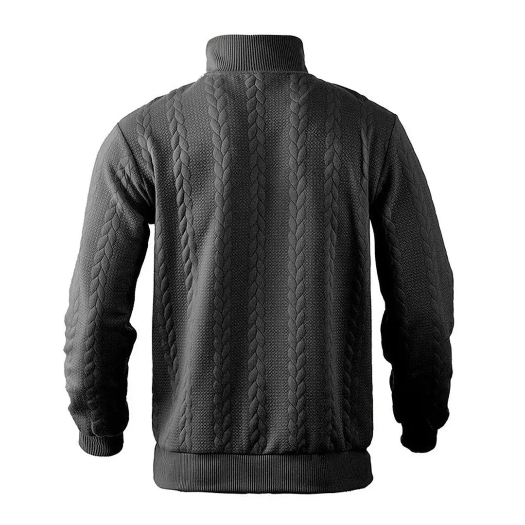 Men's black Cable-Knit Quarter-Zip Pullover Sweater styled for a modern smart casual winter look.
