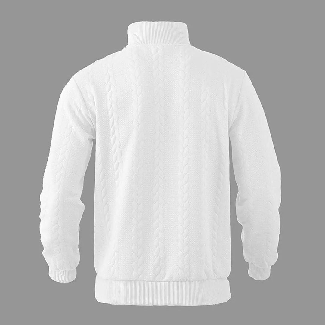 Close-up on ribbed cuffs and hem of Men's Cable-Knit Quarter-Zip Pullover Sweater, quality detail.