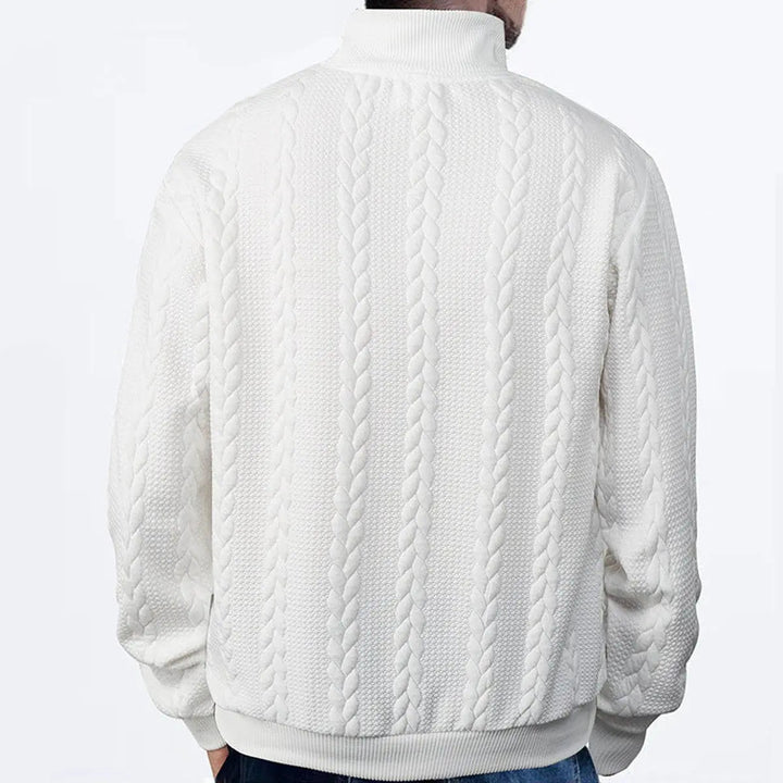 Men's classic green Cable-Knit Quarter-Zip Pullover Sweater, a timeless smart casual fashion piece.