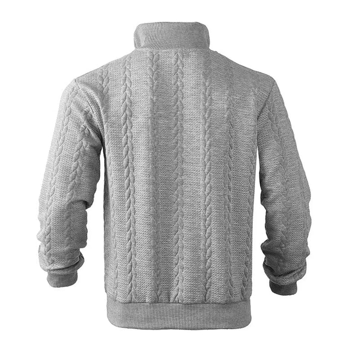 Man wearing versatile Men's Cable-Knit Quarter-Zip Pullover Sweater, perfect for layering and casual style.