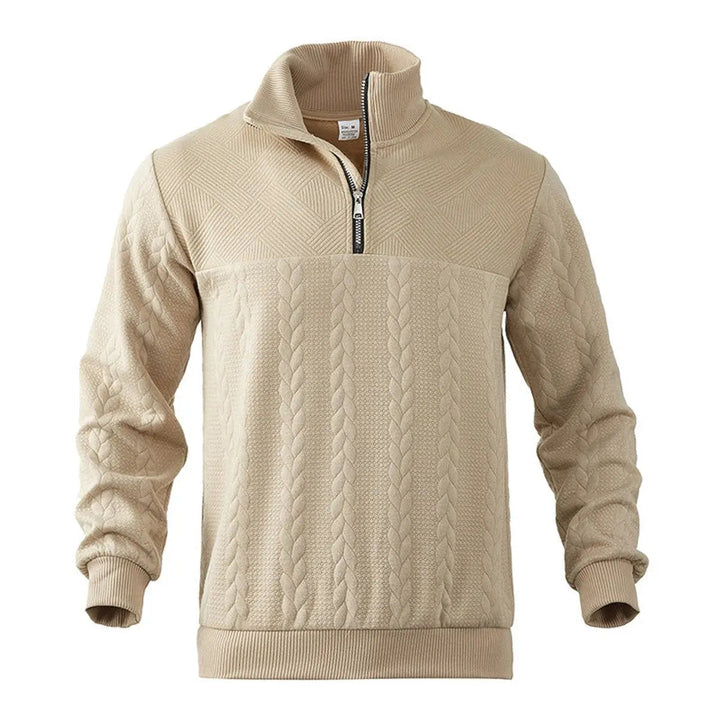 Front view of gray Men's Cable-Knit Quarter-Zip Pullover Sweater, ideal for winter fashion & smart casual look.