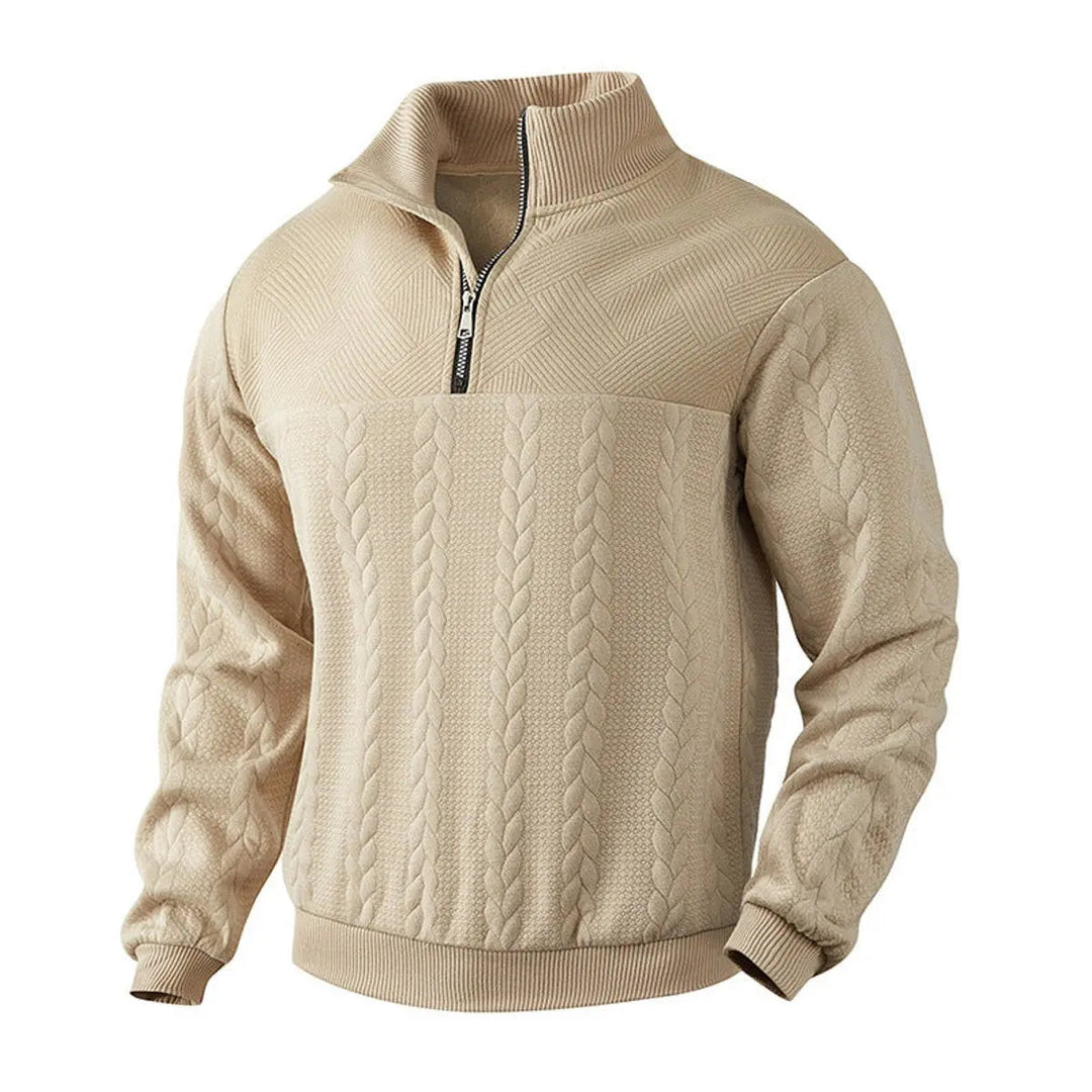 Side profile of man in stylish Men's Cable-Knit Quarter-Zip Pullover Sweater, classic and comfortable fit.