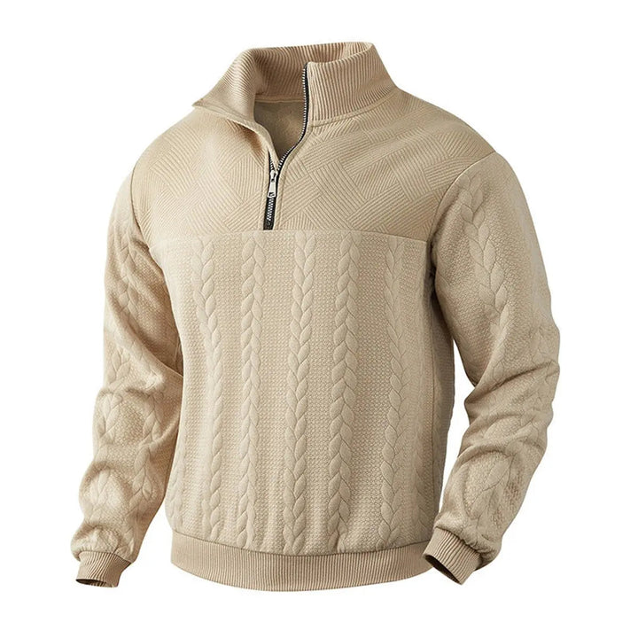 Side profile of man in stylish Men's Cable-Knit Quarter-Zip Pullover Sweater, classic and comfortable fit.