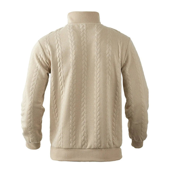 Zoomed shot of quarter-zip detail on Men's Cable-Knit Pullover Sweater, showing classic design and quality.