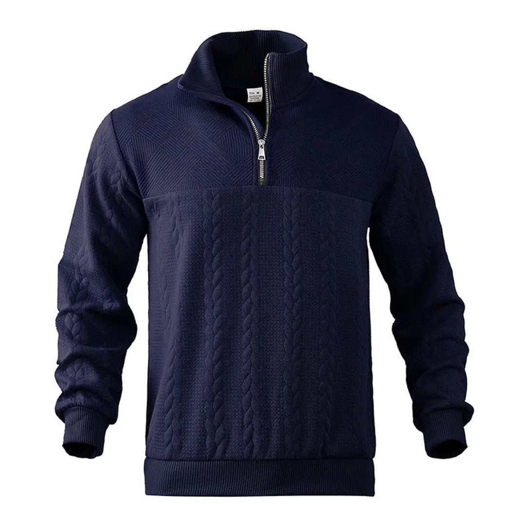 Cream-colored Men's Cable-Knit Quarter-Zip Pullover Sweater, a smart casual wardrobe essential for men.