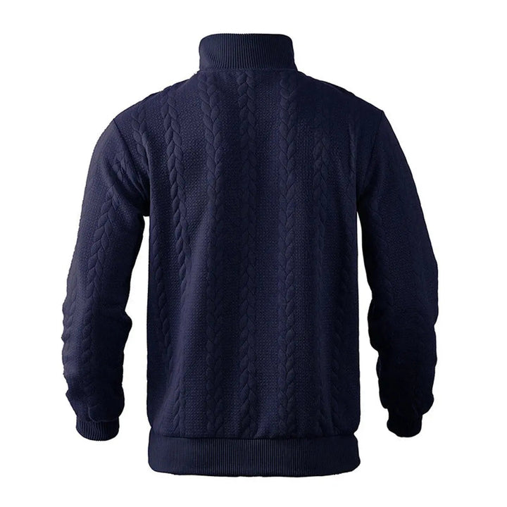 Men's maroon Cable-Knit Quarter-Zip Pullover Sweater, soft and warm for cold weather winter layering.