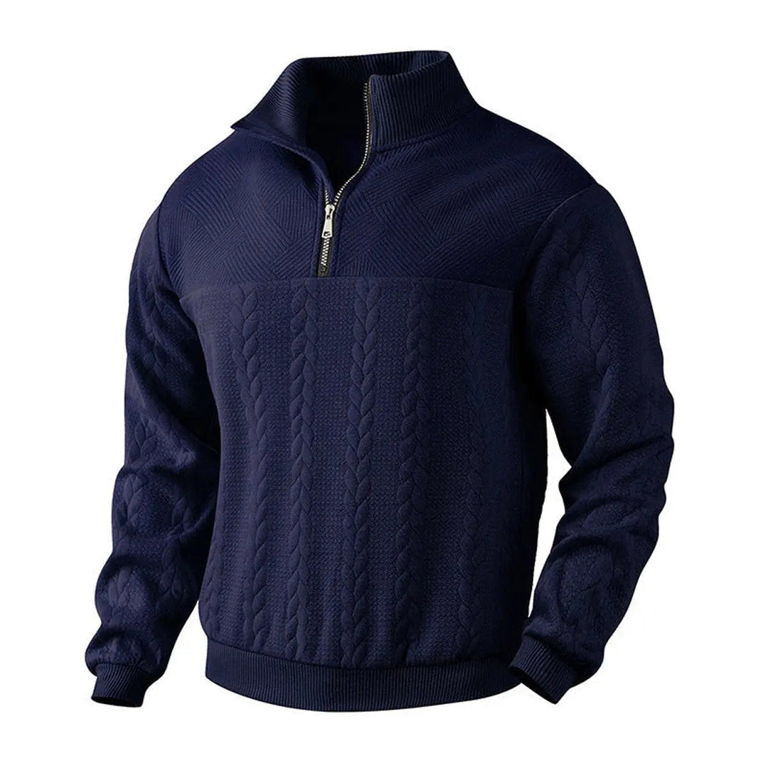 Detailed texture of cable knit on a men's smart casual quarter-zip sweater, emphasizing craftsmanship.