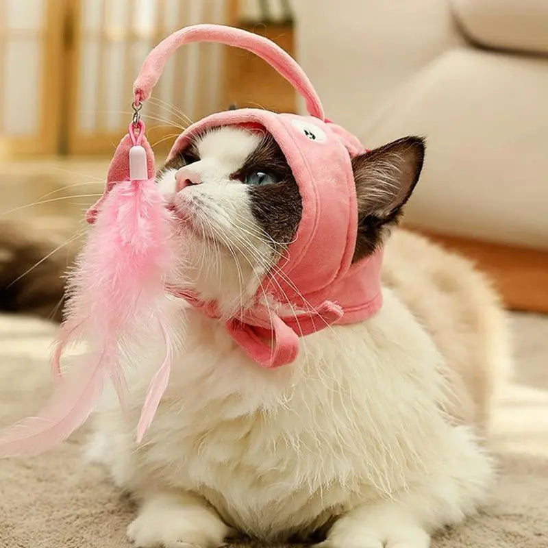 Funny cat costume hat with an interactive feather toy pendant for playful felines.