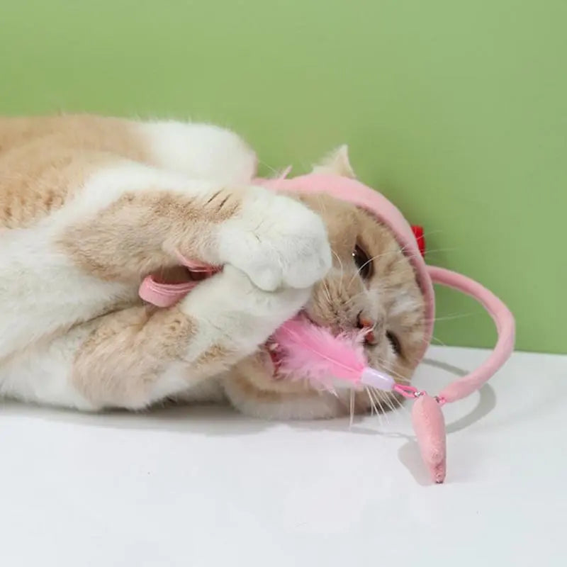 Cat accessory: a humorous costume hat with an attached feather toy to entertain your feline.