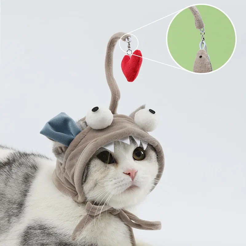 Playful cat hat with a built-in toy pendant, perfect for funny pet photo opportunities.
