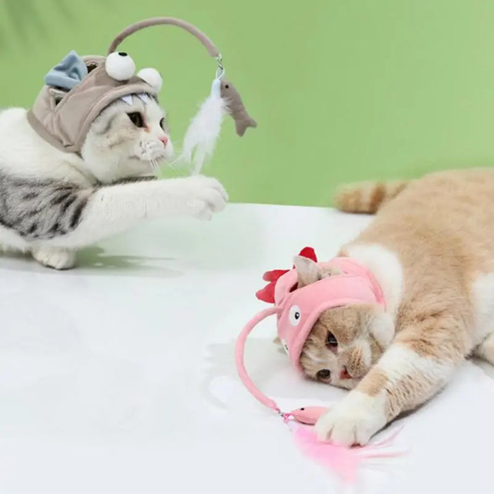 Feline fun: a unique cat costume hat with an interactive feather toy for engaging playtime.