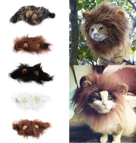 Soft, furry lion mane costume for cats with cute ears, ideal for dressing up and memorable photoshoots.