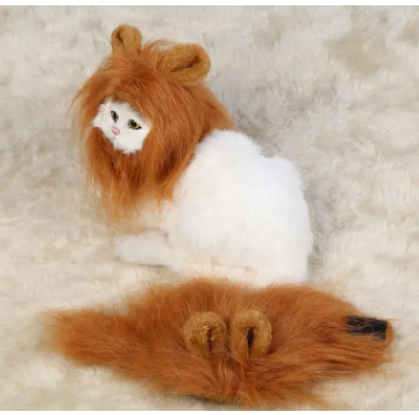 Hilarious cat in a lion mane costume with ears, a cute pet accessory for dressing up & funny moments.