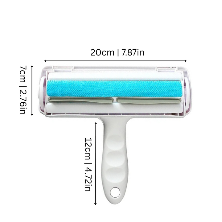 Close-up of FurSweep reusable lint roller tool removing pet hair from clothing, an eco-friendly cleaning solution.