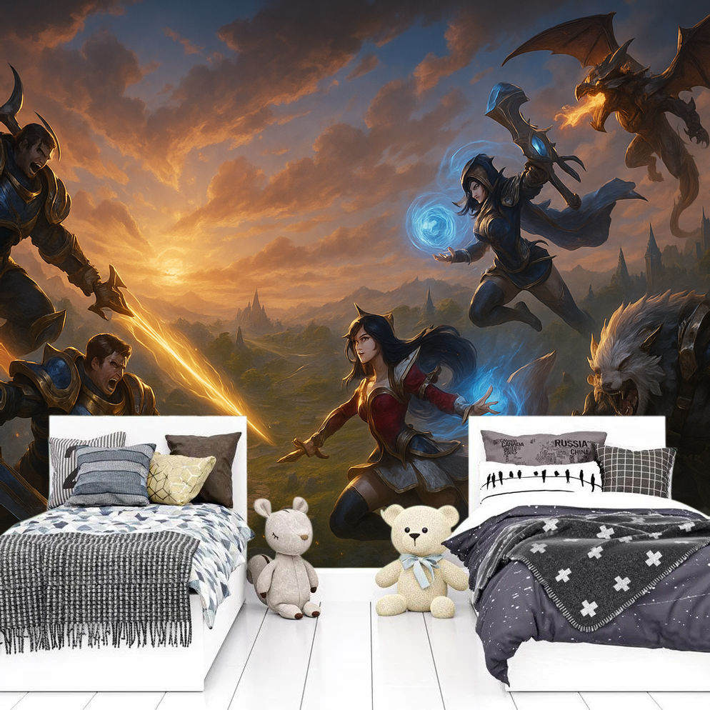 Gamer's Epic Battle Scene Wall Mural. Dynamic fantasy art gaming wallpaper for a teen or boys room. Peel and stick decor.