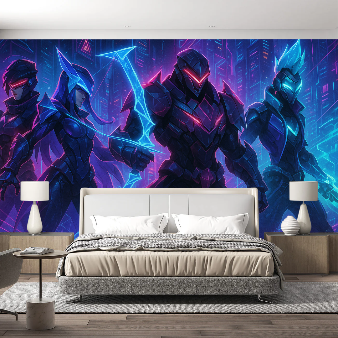 Gaming Cyberpunk wall mural wallpaper for a modern interior. Features neon lights & futuristic cityscapes. Perfect gamer room decor.