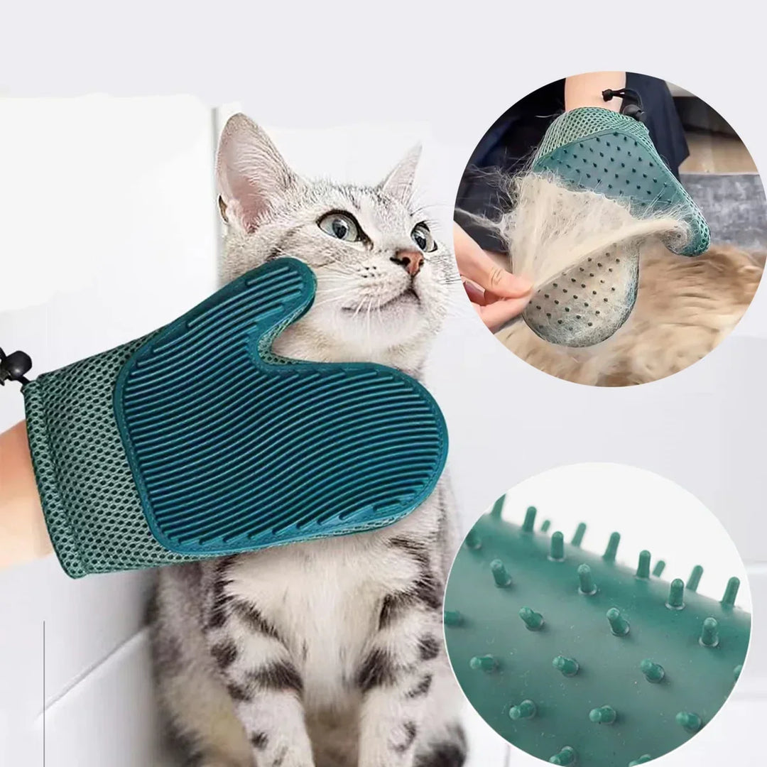 Gentle 2-in-1 pet grooming glove for cats, de-shedding and massaging fur.