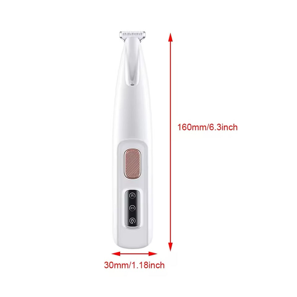 Close-up of LED light on a gentle pet paw and fur trimmer for grooming.