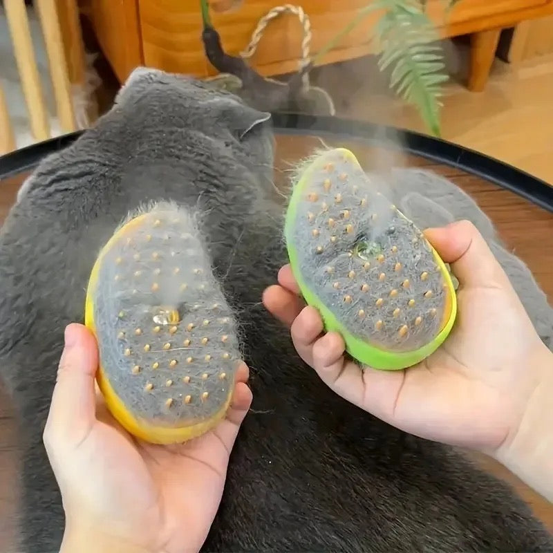 Pet steam brush in hand, demonstrating easy-to-use detangling and deshedding
