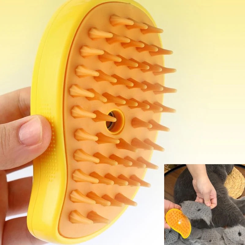 Side view of a pet steam brush, highlighting its ergonomic design for pet care