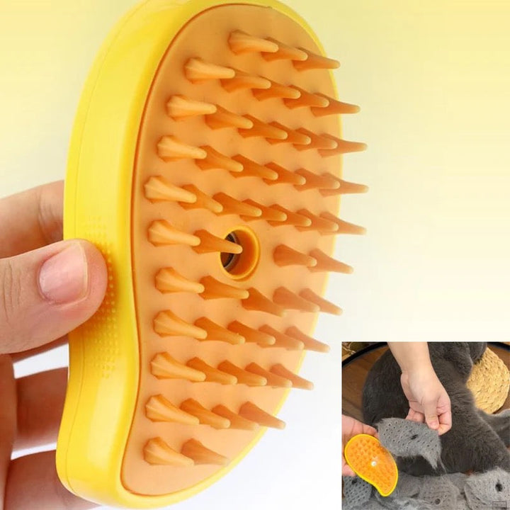 Side view of a pet steam brush, highlighting its ergonomic design for pet care