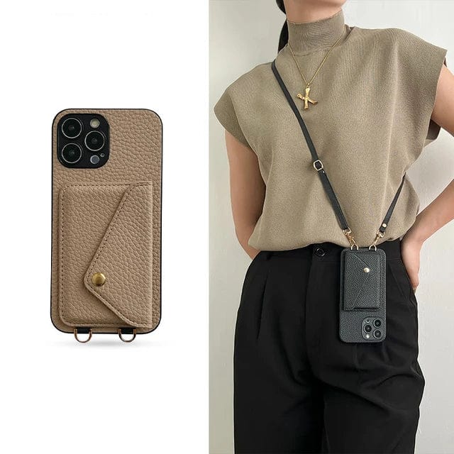 Elegant leather phone accessory: crossbody case with card holder and detachable key cord