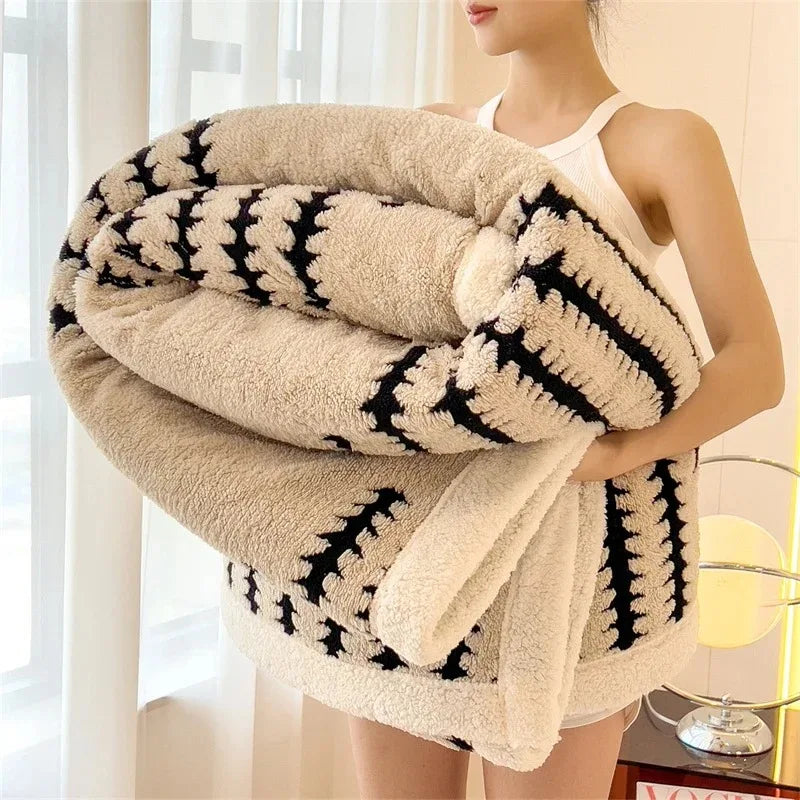 Geometric reversible throw blanket, soft Sherpa fleece, modern home decor accent for living room.