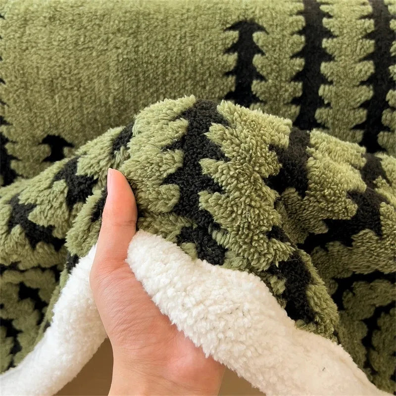 Warm geometric reversible throw blanket. Soft Sherpa fleece, plush home decor for living room or bedroom.