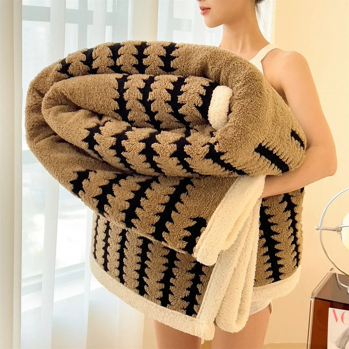 Decorative geometric throw blanket for living room or bedroom. Reversible design, soft Sherpa fleece.