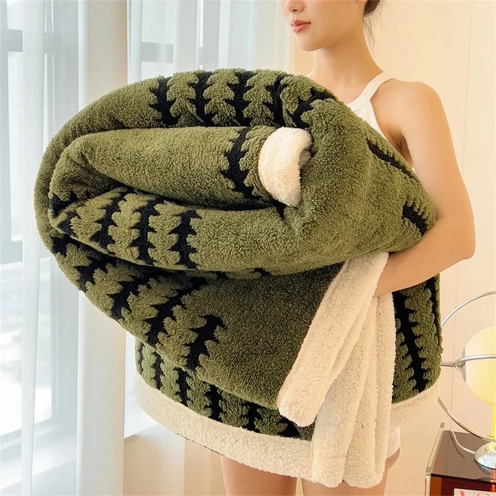 Modern geometric reversible throw, soft & warm Sherpa fleece. Enhances living room & bedroom decor.