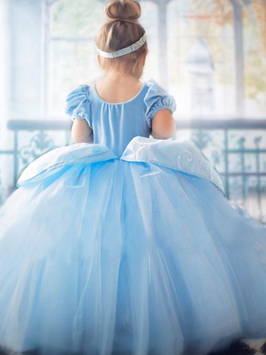 Young girl models a beautiful blue Cinderella princess gown, a perfect girls' special occasion dress for parties.