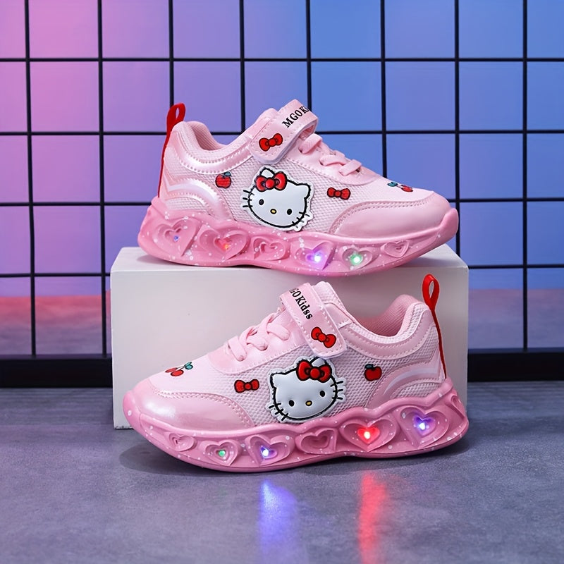 Cute pink Hello Kitty sneakers for girls with glowing heart-shaped soles.