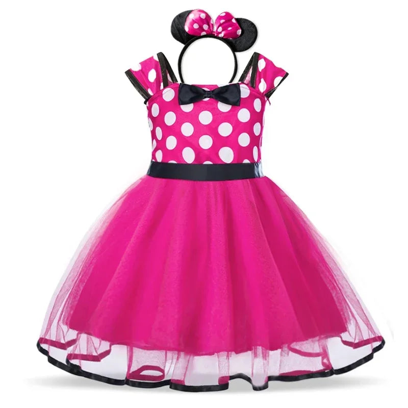Authentic Minnie Mouse costume set for girls: red polkadot dress, black top, and a cute bow headband.