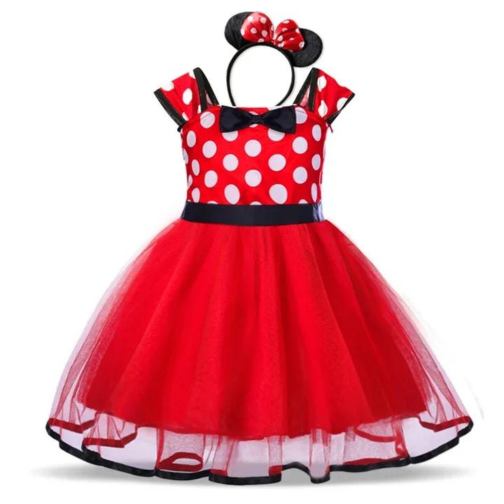 Fun Minnie Mouse dress for girls, with a red polkadot skirt, black top, and matching ear headband with bow.