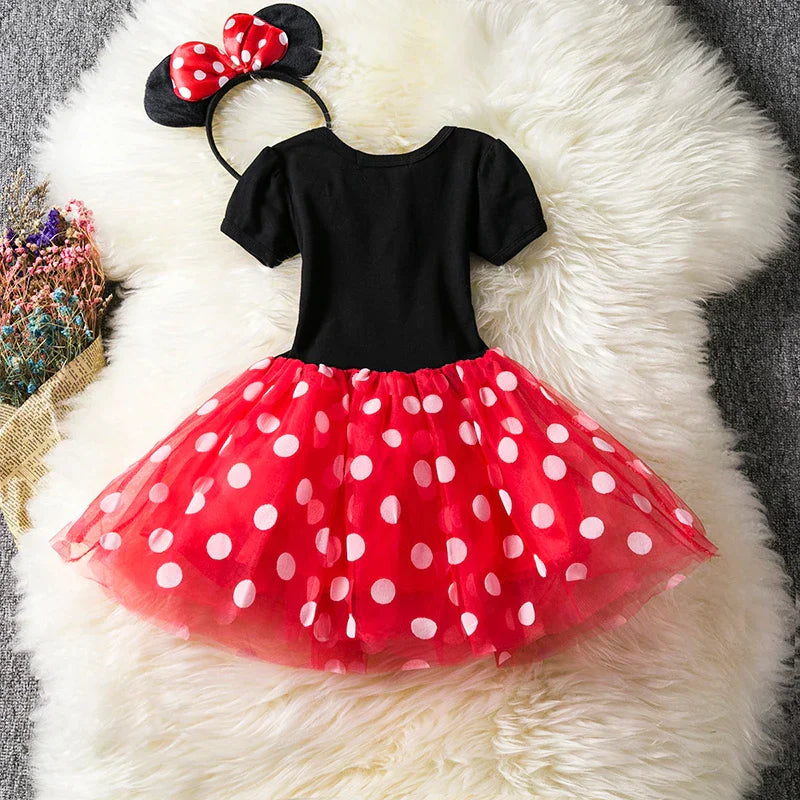 Classic Minnie Mouse dress-up costume for girls, including a fun red polkadot dress and matching bow headband.