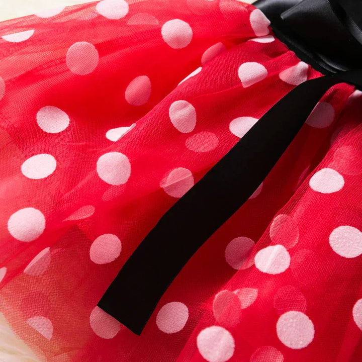 Kids' play Minnie Mouse costume: red polkadot dress with white dots, black top, and a bow headband set.